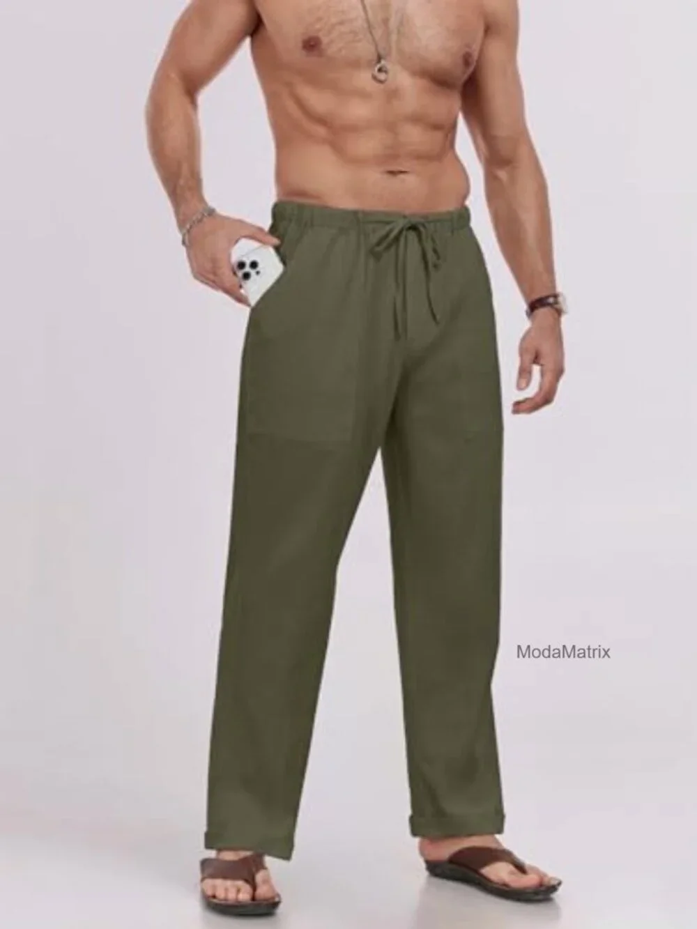 Men's Linen Pants Elastic Waist Drawstring Loose Fit Casual Summer Beach Pants